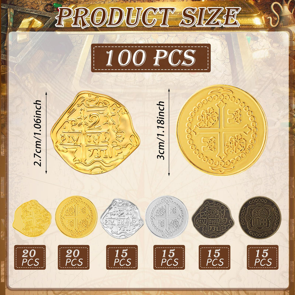 Hanaive 100 Pcs Metal Pirate Treasure Coins, Multicolor, Mixed | Spanish Doubloon Design, Gold Coin, Fake Coin Tokens, Board Game, Pirate Party Supplies, Cosplay, Kid, Adult, Treasure Chest
