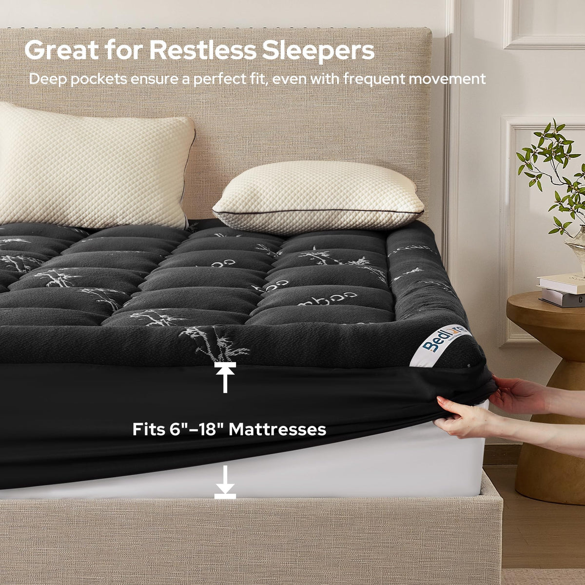 BEDLORE Queen Mattress Topper, Thick Soft Pillow Top Bed Topper | Viscose Bamboo, Stretchable Pockets Fit 6”-18”, Breathable Mattress Topper for Back Pain Relief and Hot Sleepers(Dark Gray)