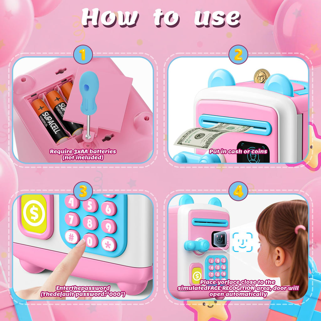 【Upgraded】 Piggy Bank, Face ID Password Unlocking Electronic Kids Bank ATM Security Unlocking Cash Coin Bank Toys Gifts for Kids, Coin Bank for 3 4 5 6 7 8 9 10 11 12 Year Old Girls Boys