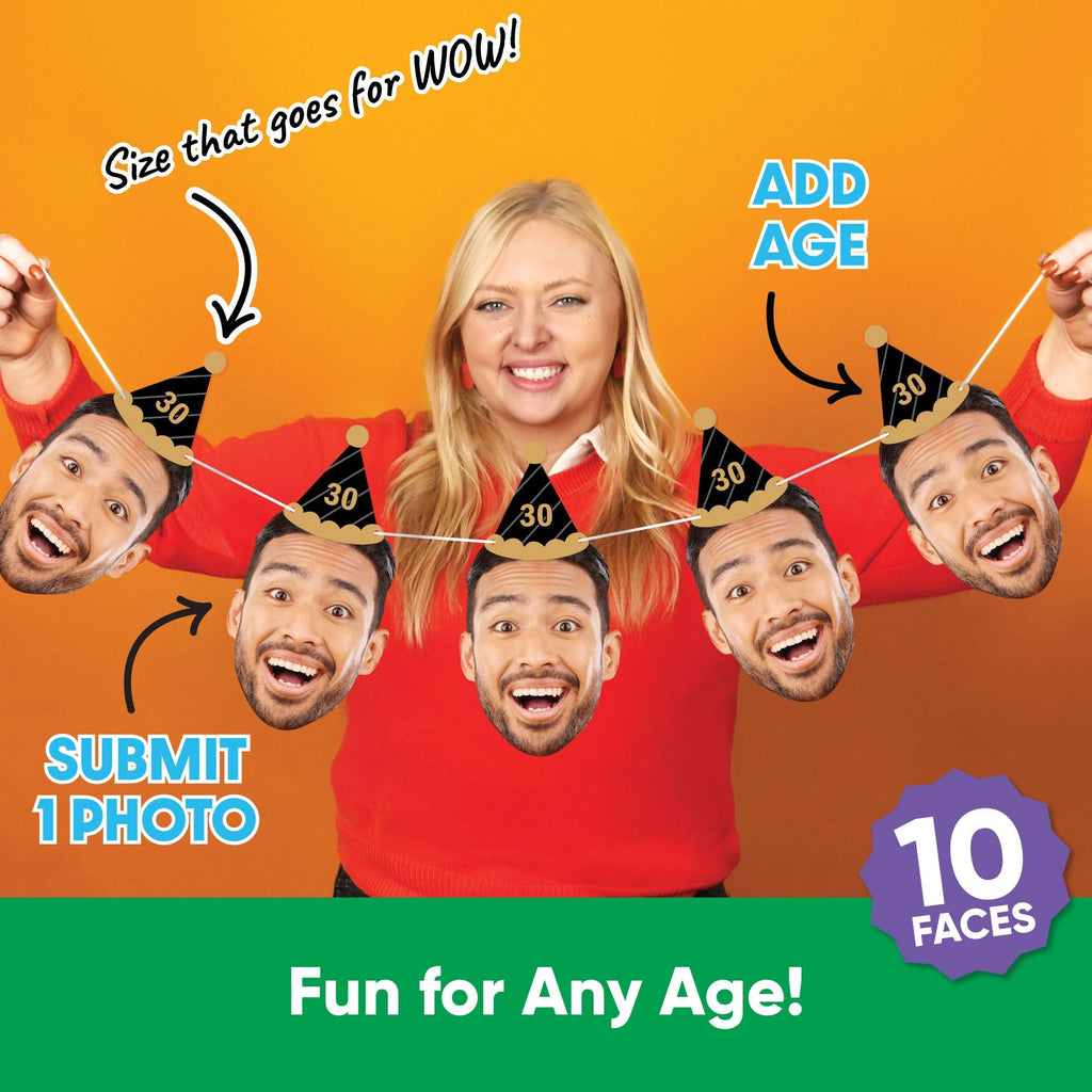 Custom Photo Adult Black & Gold Birthday Age Hat - Garland Banner - 10pc | Personalized Photo Banner, 10 Face Cutouts with Cone Hats, Custom Birthday Age Decorations, Cord Included, USA-made