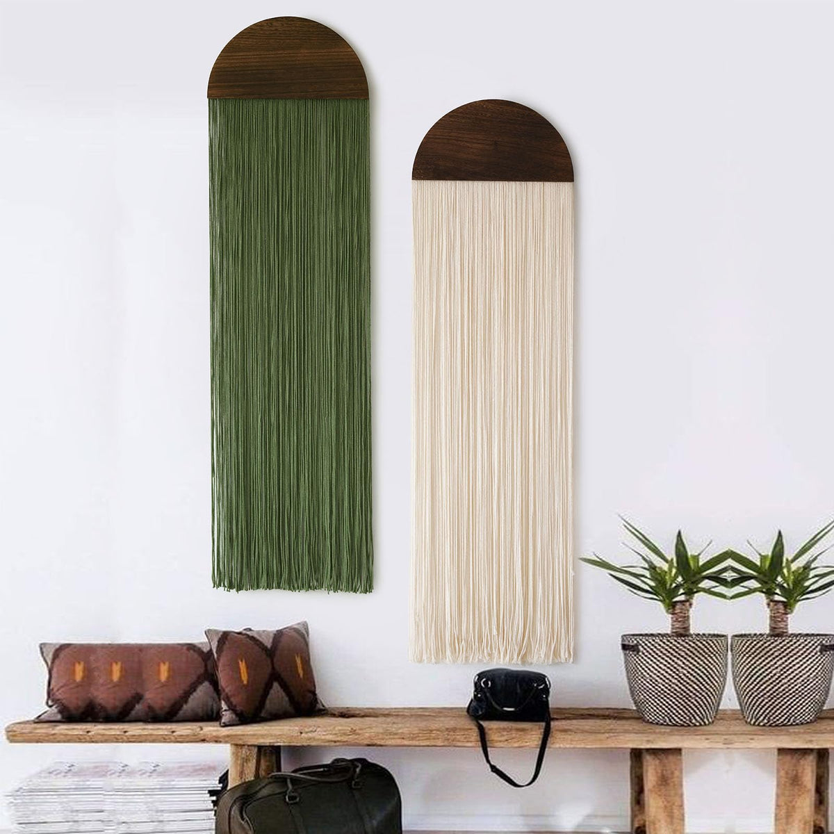 2Pcs Macrame Wall Hanging Boho Decor yarn Handmade Round Tassel 13.7"W*51"L | Bohemian Home Style, Nursery Apartment Office Accent, Premium Cotton Rope, Artisan Handmade Texture, Warm Interior Touch