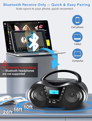Greadio Portable Boombox CD Players for Home with Bluetooth, Stereo Sound | FM Radio CD Player, Simple Controls, CD/CD-R/RW, Compact, AC/Battery Power, USB & AUX Input Playback, Sleep Timer (Black