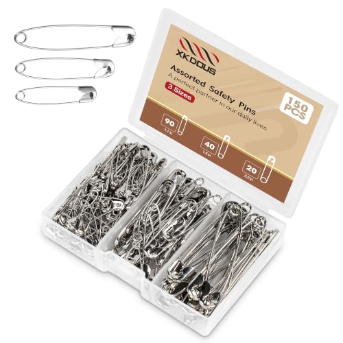 XKDOUS 150 Pack Safety Pins for Clothes 3 Universal Assorted Sizes, Silver | Small & Large Safety Pin, Strong Heavy Duty Sharp Edge Pins Bulk, Fasteners for Clothing, Sewing, Crafting