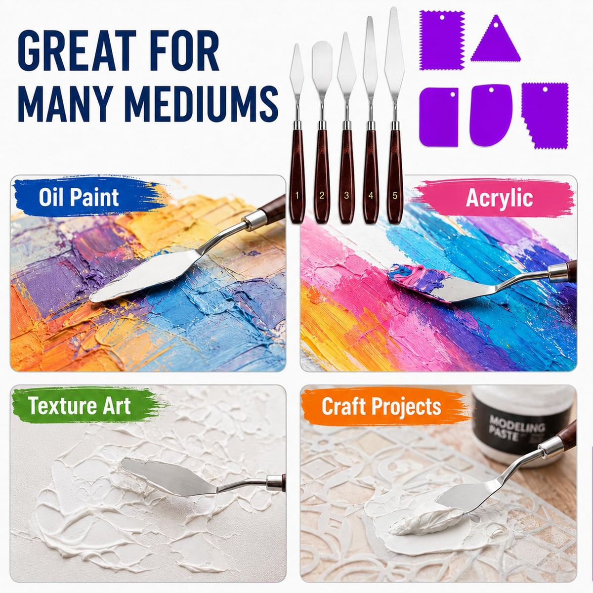 Painting Palette Knife- 5pcs Palette Knives With 6 Plastic Scrapers Set | 11Pcs Art Paint Tool Stainless Steel Spatula for Oil, Canvas, Acrylic Painting & Cake Decorating