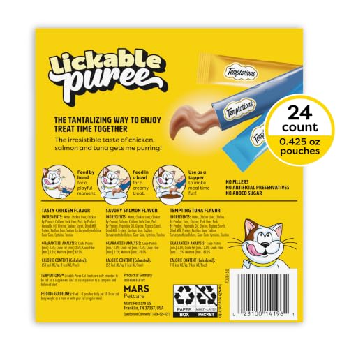 Temptations Creamy Puree Cat Treats, Chicken, Salmon & Tuna, 24 Count | Chicken, Salmon, Tuna flavors, under 15 cal/tube, no added sugar/fillers, squeezable treat or meal topper, great for seniors