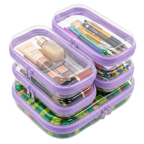 CarryEpic Clear Hard Shell Zipper Cases (5 Packs), Plastic Hard Sided Zippers Pouches Clear Hardshell Pencil Case For Storage, Diaper Bag Organizer Bliss Bins 4*Small/1*Medium, Purple