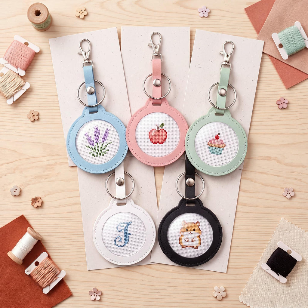Whimsibelle 5 Pcs Self Finishing Needlepoint Key Fob Keychain, Round, Light | Self Finishing Needlepoint Kit, Needlepoint Keychain, PU Key Fob, Self Finishing Cross Stitch Keychain, Bag Charm DIY Key Fob