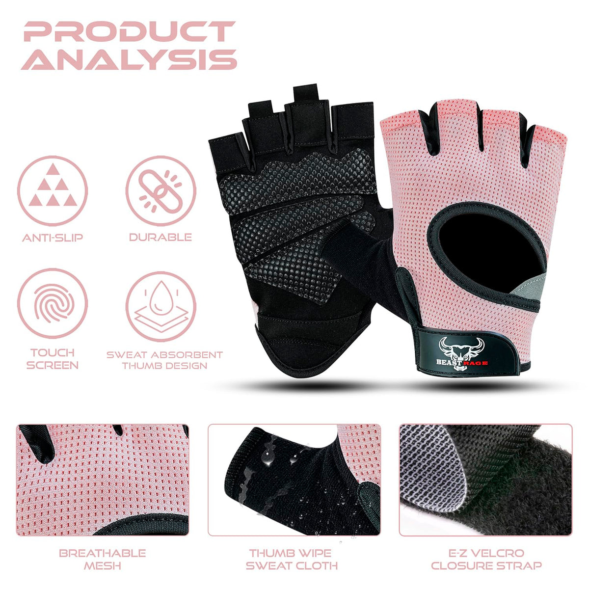 BEAST RAGE Workout Gloves for Men and Women, Fingerless Weight Lifting Gloves with Palm Protection Padding, Breathable and Lightweight Gym Gloves for Weightlifting, Cycling, Exercise, Training Pull Up