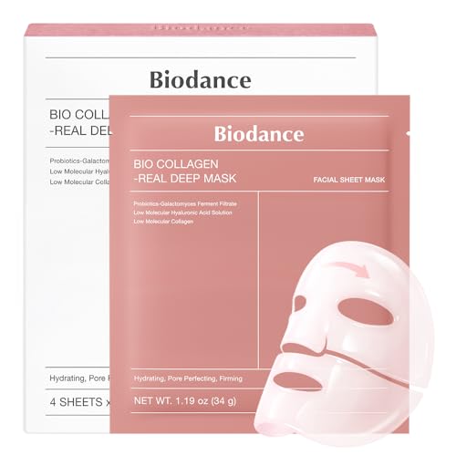 BIODANCE Bio-Collagen Real Deep Mask, Hydrating Overnight Hydrogel Face Mask, Pore Minimizing, Elasticity, Plumping, Travel Essentials & Self Care Gifts for Women, Korean Skin Care | 1.19oz(34g) x 4ea