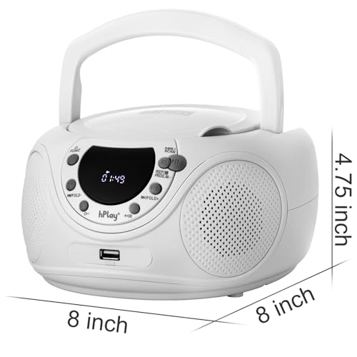 hPlay P16 Portable CD Player Boombox with Bluetooth, White | CD/CD-R/MP3-CD, FM Digital Radio, USB/MP3 Playback, Aux-In & Headphone Jack, AC/Battery Powered