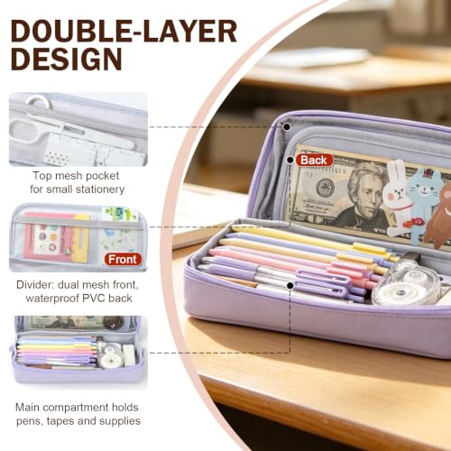 CICIMELON Pencil Case, Wide Opening Pen Pouch Bag for School Supplies | Compact Size, Multi-compartment Pencil Pouch Storage Organizer Bag for Students College Office, Purple