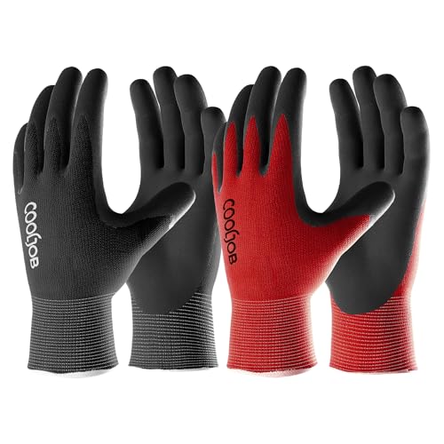 COOLJOB Gardening Gloves for Men, 2 Pairs Breathable Rubber Coated for Garden Weeding Landscaping, Outside Work for Lawn Yard, Men's Large Size, Black & Red