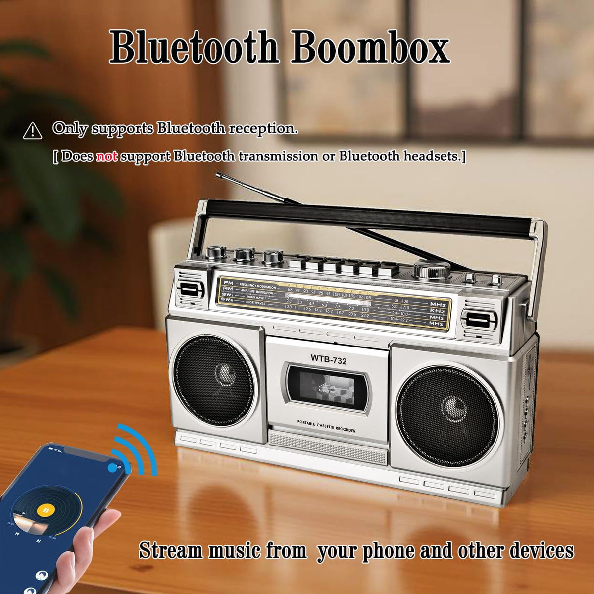 Retro Classic 80s Style Portable Boombox with Cassette Player Recorder, AM/FM/SW1/SW2 Radio, Bluetooth, USB/Micro SD Slots, Headphone Jack, 24W Dual Full-Range High Bass Speakers