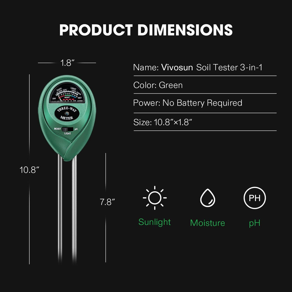 VIVOSUN Plant Soil Moisture Meter, 3-in-1 pH Tester, Indoor & Outdoor Use | Battery-Free; 3-in-1 Plant pH Tester; Home, Garden, Lawn, Farm; Promote Plants Healthy Growth