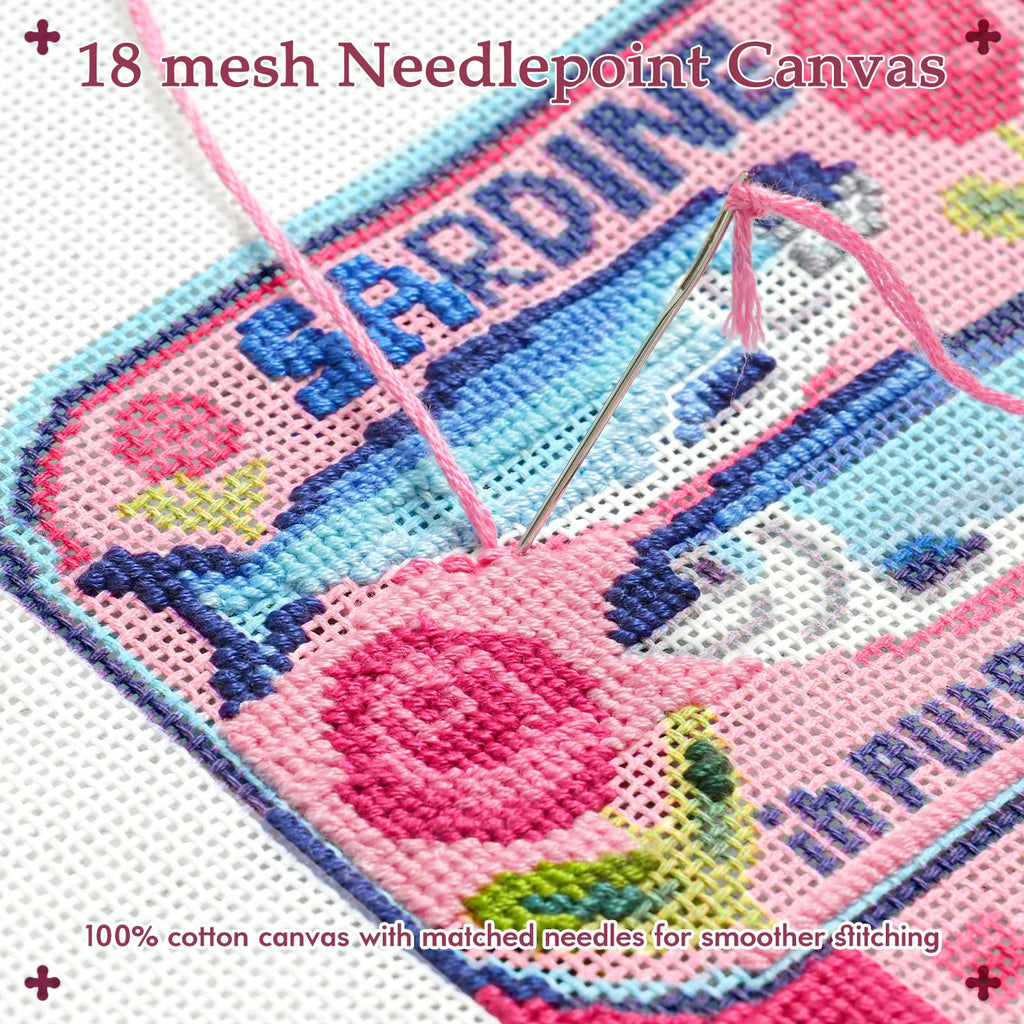 Kaitiaki 18 mesh Needlepoint Canvas Kit, 8 in Painted Canvas Set with Embroidery Floss, Needles, Guide Card, Instruction, Threader, Scissors & Project Bag for Crafter Gift(Sardine)