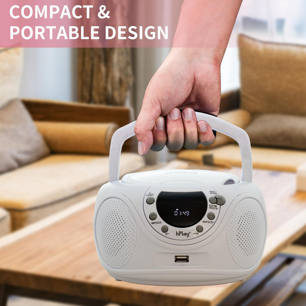 hPlay P16 Portable CD Player Boombox with Bluetooth, White | CD/CD-R/MP3-CD, FM Digital Radio, USB/MP3 Playback, Aux-In & Headphone Jack, AC/Battery Powered
