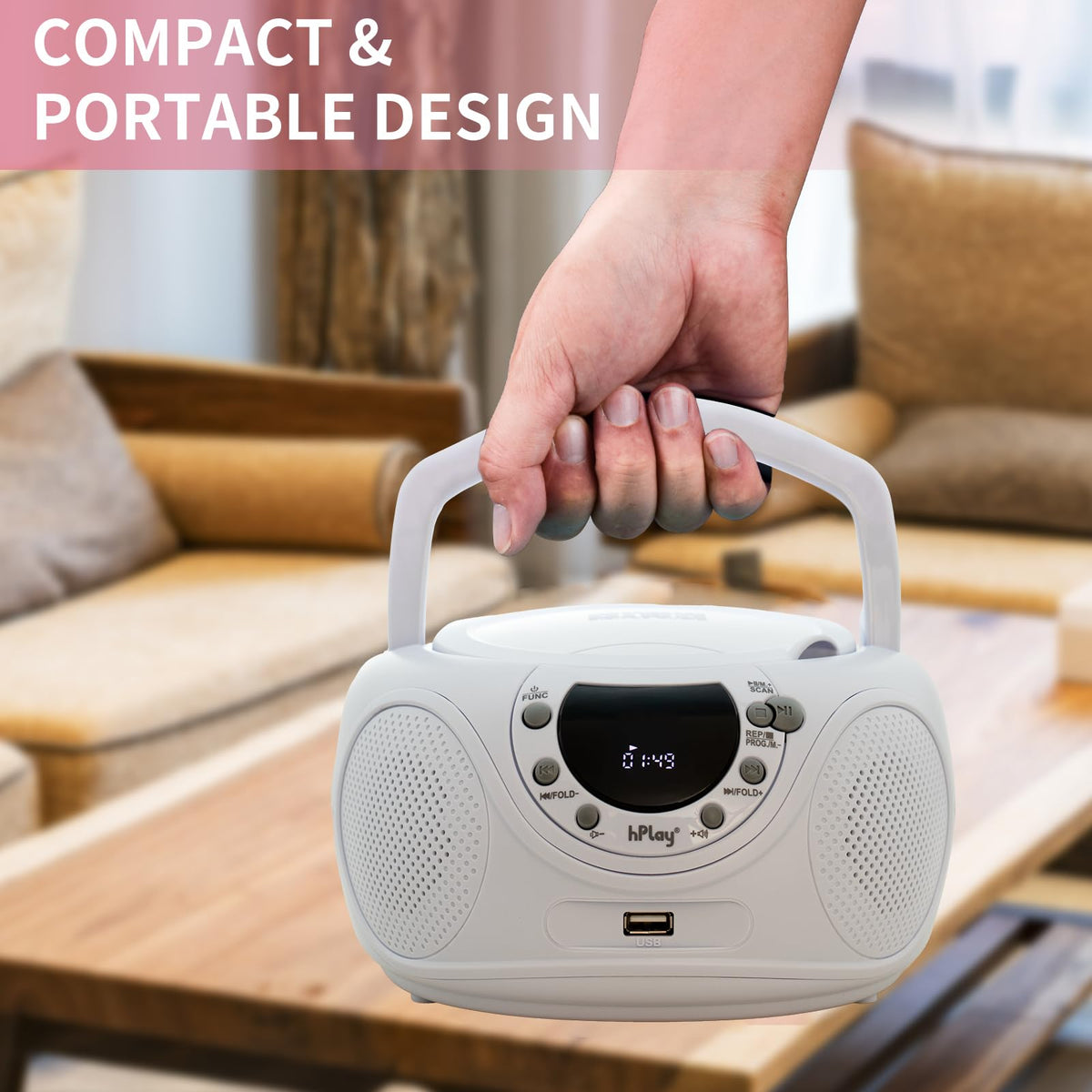 hPlay P16 Portable CD Player Boombox with Bluetooth, White | CD/CD-R/MP3-CD, FM Digital Radio, USB/MP3 Playback, Aux-In & Headphone Jack, AC/Battery Powered