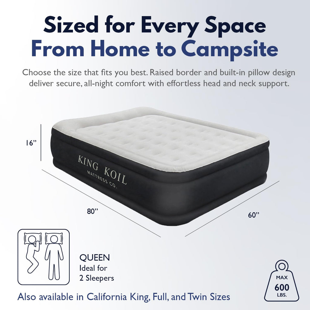 King Koil Air Mattress Queen with Built-in Pump, 20” Raised Airbed | Luxury blow up mattress for guests & home • Inflates in 2 minutes • 650 lb capacity • Patented high-speed pump