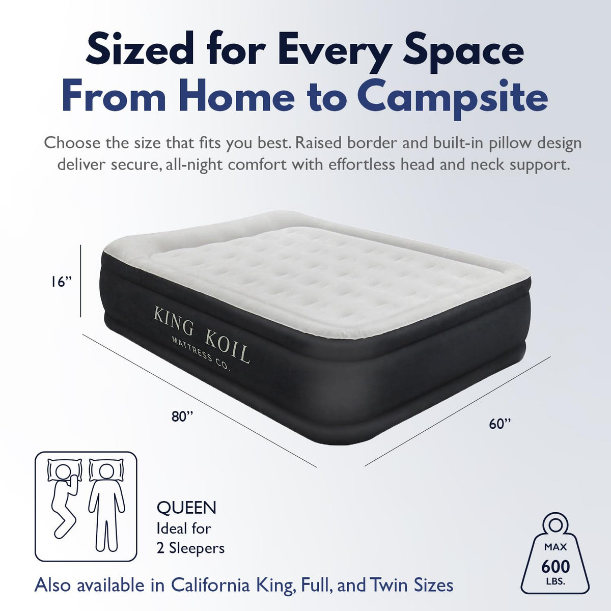 King Koil Air Mattress Queen with Built-in Pump, 20” Raised Airbed | Luxury blow up mattress for guests & home • Inflates in 2 minutes • 650 lb capacity • Patented high-speed pump