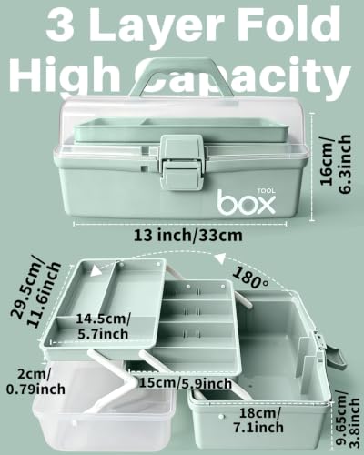 TERGOO 13in Lager Plastic Craft Organizer and Storage 3-Layer Tackle Box | Portable Tackle Box with Handle & Adjustable Dividers, Multipurpose Organizer Box for Sewing, Art Supply, Tool(Haze Green)