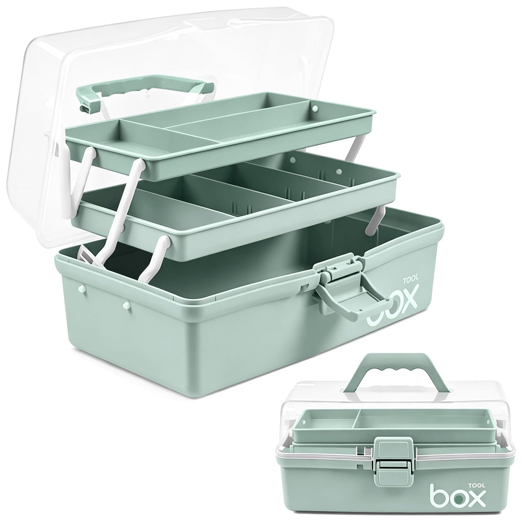 TERGOO 13in Lager Plastic Craft Organizer and Storage 3-Layer Tackle Box | Portable Tackle Box with Handle & Adjustable Dividers, Multipurpose Organizer Box for Sewing, Art Supply, Tool(Haze Green)
