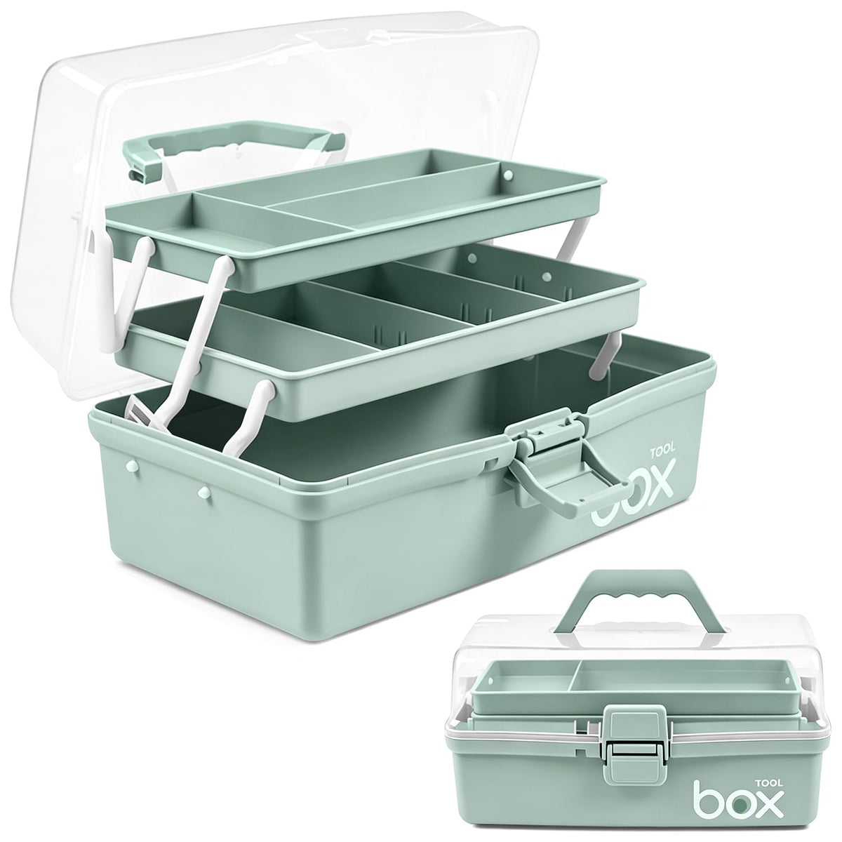 TERGOO 13in Lager Plastic Craft Organizer and Storage 3-Layer Tackle Box | Portable Tackle Box with Handle & Adjustable Dividers, Multipurpose Organizer Box for Sewing, Art Supply, Tool(Haze Green)