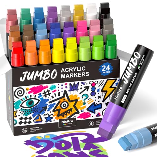 Nicpro 24 Colors Jumbo Poster Markers, 15MM Wide Tip Paint Marker | Large Acrylic Paint Markers for Canvas, Rock, Sign Lettering, Fabric, Window, Wood