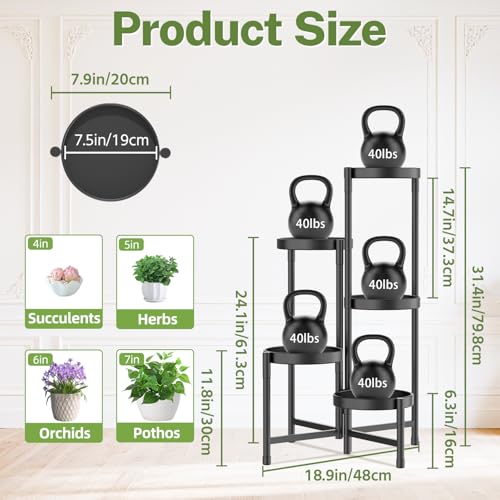 iDavosic.ly Plant Stand Indoor Outdoor, 5 Tier Metal Corner Shelf, Black | Tiered Flower Display Holder, Folding Multi Orchid Rack, Easy to Assemble, Space Saving Patio Balcony Porch Garden House