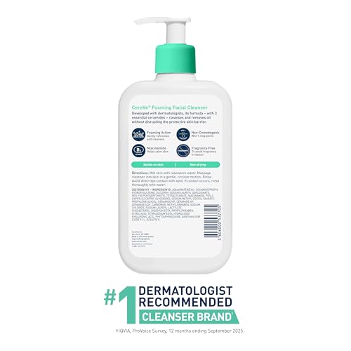 CeraVe Foaming Facial Cleanser, Gentle Cleanser for Oily Skin, 16fl oz | Skin Care with Hyaluronic Acid & Niacinamide, Makeup Remover, Daily Face Wash For Men & Women, Fragrance Free, Oil Control