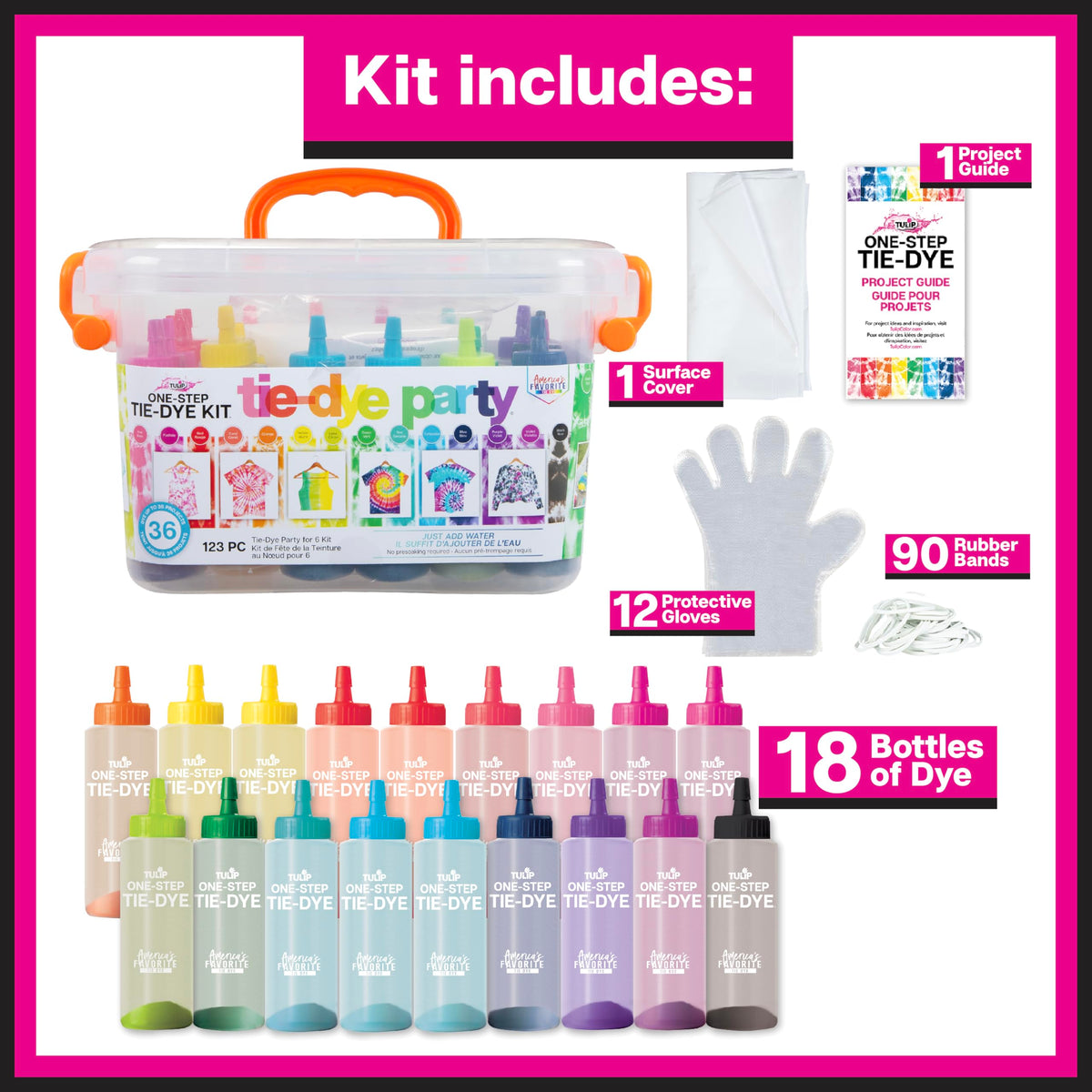 Tulip One-Step Tie Dye Party Kit, 18 Bottles, 14 Colors | 18 Prefilled 2.75 fl oz Bottles, Gloves, Rubber Bands, 2 Project Guides, Large Group Activity, Permanent Fabric Dye
