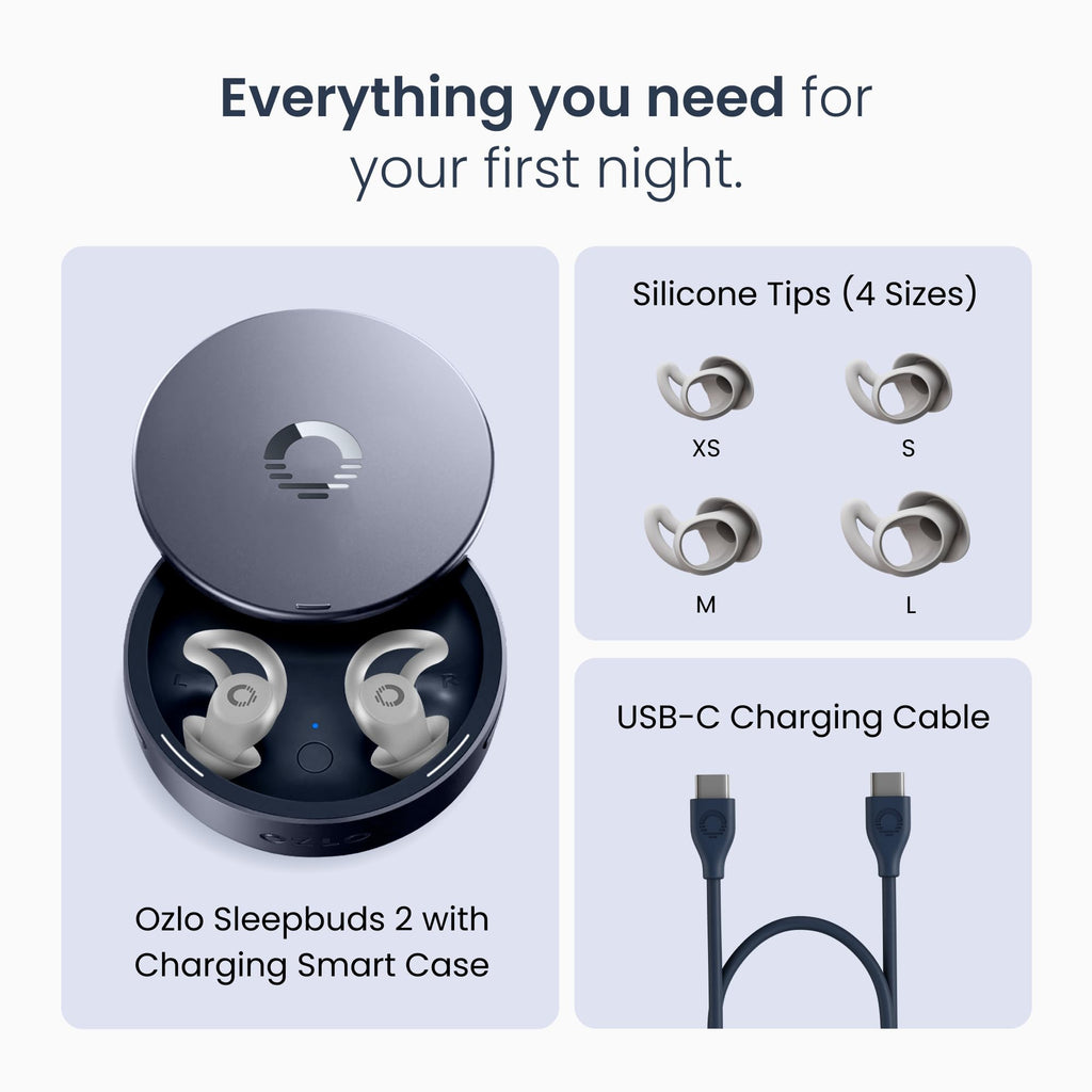 Ozlo Sleepbuds® 2 - Sleep Earbuds, Snoring & Noise Masking Headphones | All-Night Side-Sleeper Comfort, Ultra Small Fit, 14-hr Battery, 50+ Sleep Sounds, In-Ear Alarm, Smart Case Sleep Insights
