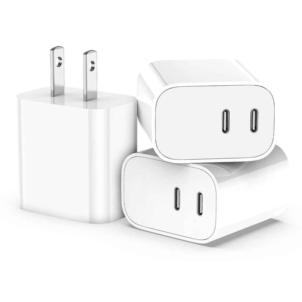 USB C Charger Block 3 Pack, Dual Port 20W Fast Wall Plug | 20W PD fast charging USB C block for iPhone 17 16 15 14 13 12 11, iPad Pro, iPad Air, AirPods and Apple Watch. (White)