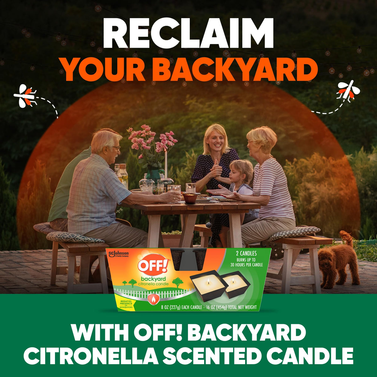 OFF! Backyard Citronella Outdoor Candle, 8 oz (2-Pack) | Reduces the Presence of Mosquitoes and Insects, Up to 30 Hour Burn Time Per Candle, Patio and Backyard Use, Ambient Glow
