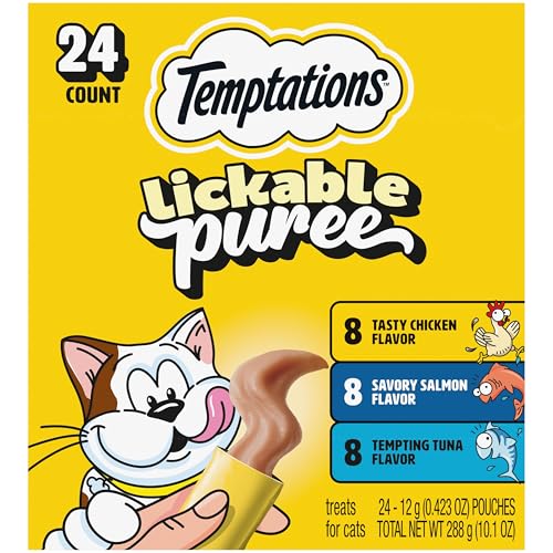 Temptations Creamy Puree Cat Treats, Chicken, Salmon & Tuna, 24 Count | Chicken, Salmon, Tuna flavors, under 15 cal/tube, no added sugar/fillers, squeezable treat or meal topper, great for seniors