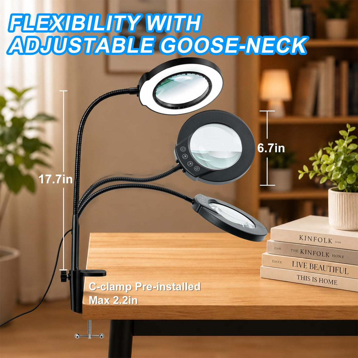 LED Desk Magnifying Lamp with Clamp,10X Magnifying Glass with Light | 5 Color Modes Stepless Dimmable Magnifier Light 3000K-6500K, 5V/2A USB Powered Hands Free Flexible Goose-Neck