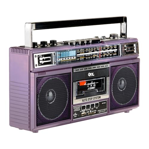 QFX Retro Bluetooth Boombox Cassette Tape Player Recorder, J-220BT, Purple | Portable, Dual 3" Speakers, AM/FM/SW1/SW2 Radio, Built-in Microphone, Recorder, 3-Band Equalizer - Limited Edition