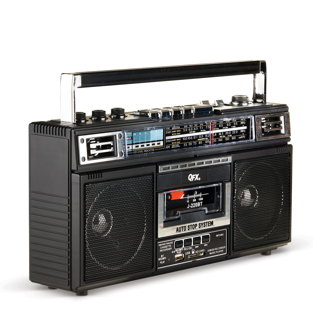 QFX Retro Bluetooth Boombox Cassette Tape Player Recorder, J-220BT, Black | Portable, Dual 3" Speakers, AM/FM/SW1/SW2 Radio, Rechargeable Battery, Built-In Mic, Recorder, 3-Band Equalizer