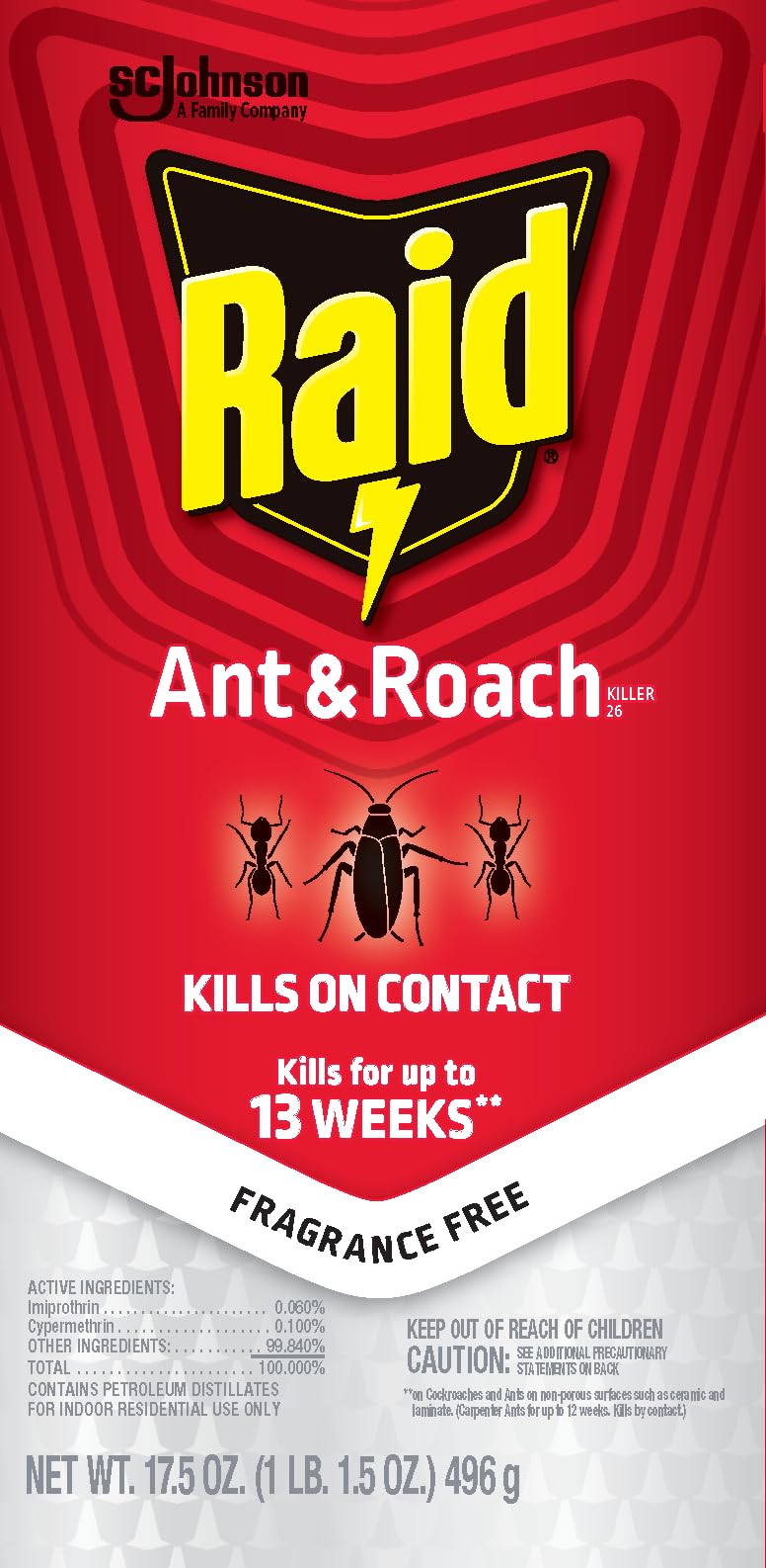 Raid Ant & Roach Killer Bug Spray, Fragrance Free, 17.5 oz, 2 Count | Kills Ants & Roaches on Contact, Keeps Killing For Up to 13 Weeks, For Home Use, No Lingering Chemical Odor