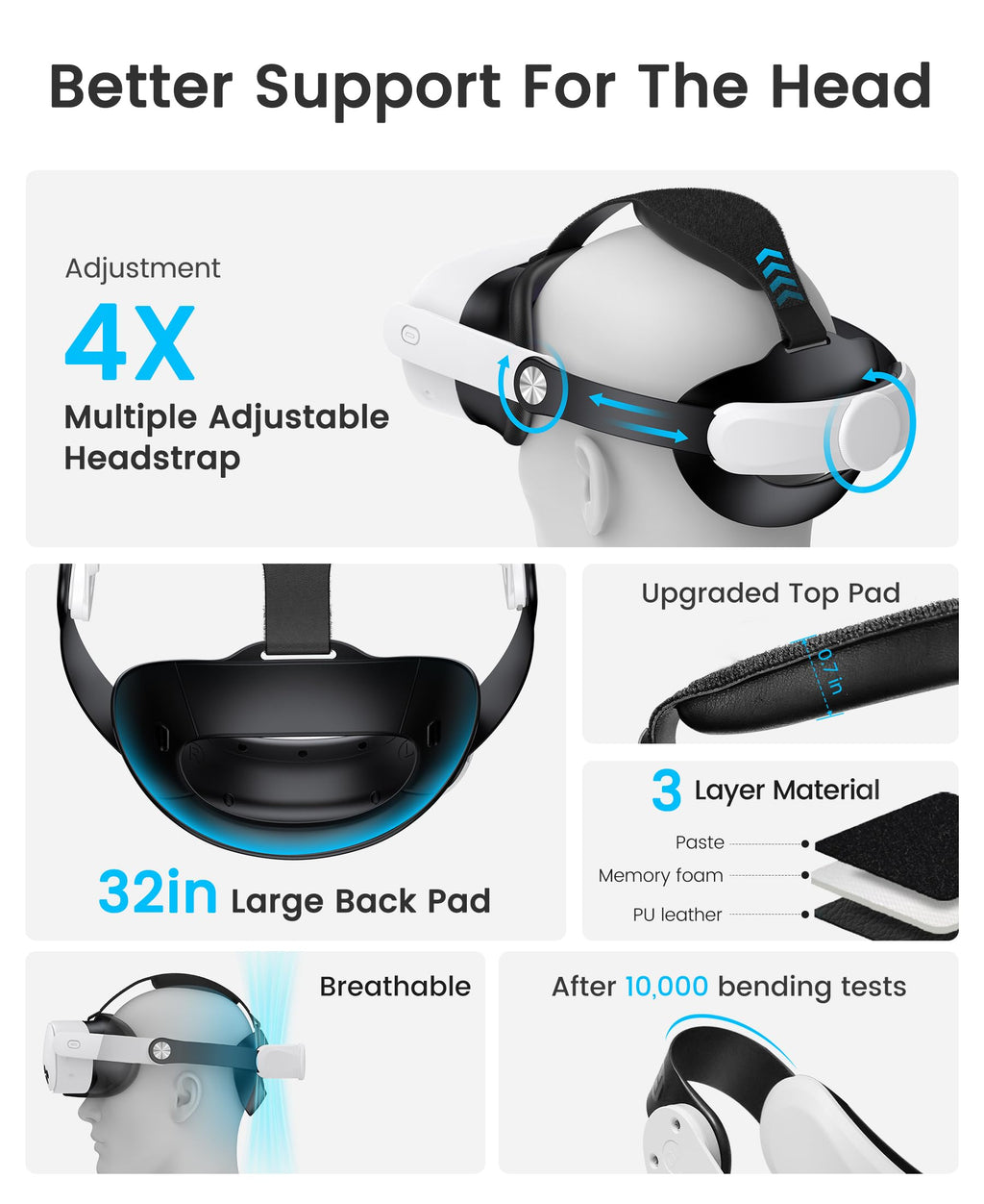 Kawaye for Meta Quest 3S/Quest 2/Quest 3 Head Strap, Adjustable Halo Strap Replacement for Elite Strap, VR Headset Strap Enhanced Support&Comfort Reduce Facial Pressure