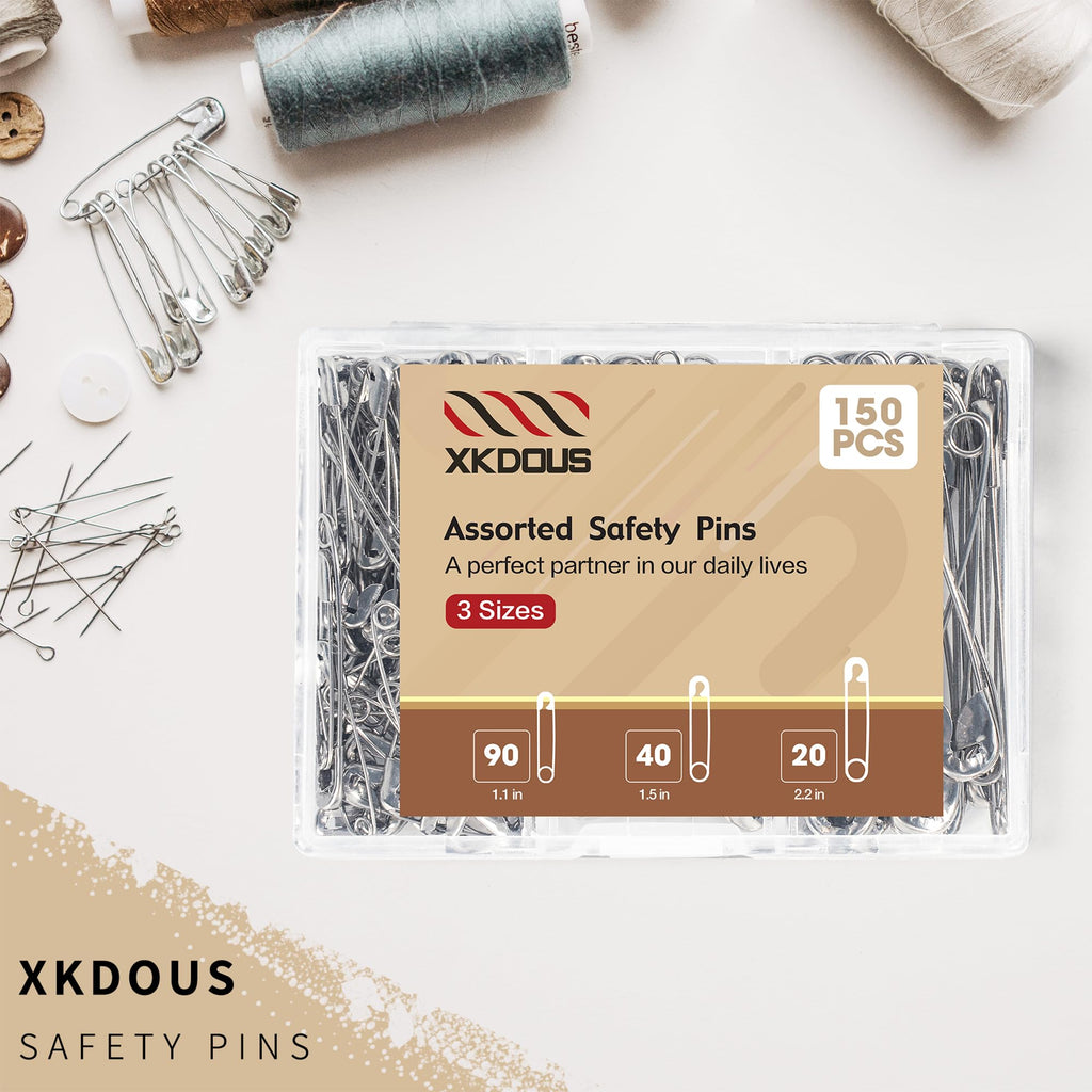 XKDOUS 150 Pack Safety Pins for Clothes 3 Universal Assorted Sizes, Silver | Small & Large Safety Pin, Strong Heavy Duty Sharp Edge Pins Bulk, Fasteners for Clothing, Sewing, Crafting