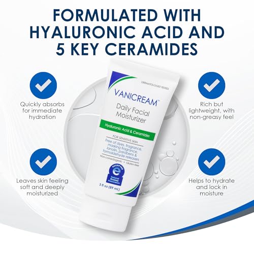 Vanicream Daily Facial Moisturizer, Lightweight, Non-Greasy, 3 Fl Oz | Formulated Without Common Irritants for Sensitive Skin, Moisturizing Face Cream with 5 Key Cermides and Hyaluronic Acid