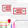 XunYee 25 Pcs Merry Merry with Holly Needlepoint Kit for Beginners Adults | Starters 13 Mesh Hand Painted Printed Needle Point Canvas Set 2 Pattern Cloth 7.8'' Thread Guide Card threader Pincushion