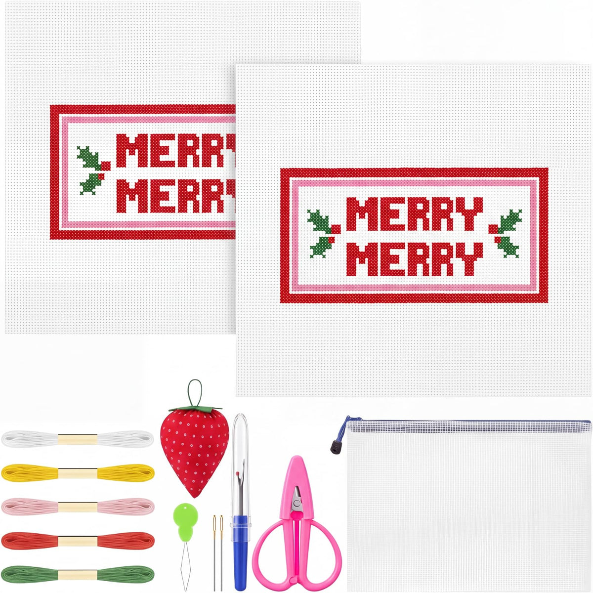 XunYee 25 Pcs Merry Merry with Holly Needlepoint Kit for Beginners Adults | Starters 13 Mesh Hand Painted Printed Needle Point Canvas Set 2 Pattern Cloth 7.8'' Thread Guide Card threader Pincushion