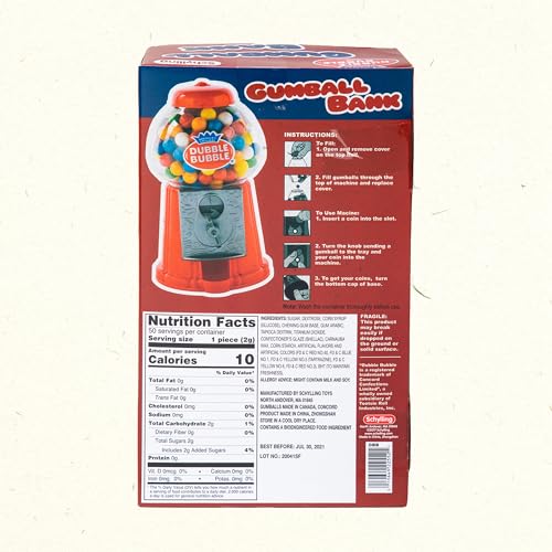 Schylling Brand Classic Retro Gumball Coin Bank - 8.5" Tall - Includes 45 Dubble Bubble Gumballs - Ages 3+