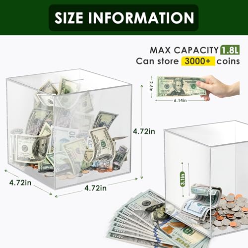 Piggy Bank for Adults Must Break to Open Acrylic Clear Piggy Bank Coin Bank | Vcertcpl Money Saving Box for Cash Saving, Unopenable Adults Bank for Real Money Bank Change Jar (Clear, 12x12CM)