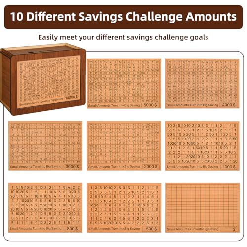 10000 Kakeibo Wooden Money Saving Challenge Box Cash Vault Piggy Bank for Adults Kids Savings Goals Smash Box Saver (10 Amounts)