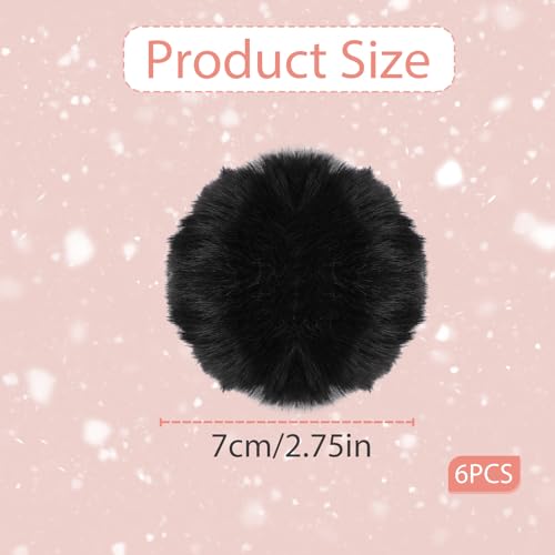 Mozeat Lens 6 Pcs Black Pom Poms Faux Fur Pom Pom Fluffy Pom Pom Balls, Round Fluffy Pompoms for Crafts with Tiny Cord for Hat Shoes Garment Hair Pins Earrings Necklace Charm Wedding Accessories