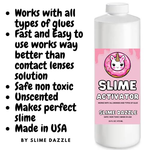 SlimeDazzle Slime Activator Solution 16 OZ – Ready to Use – Easy to Use Works Fast with All Glue Types – Safe Non Toxic– Makes Smooth, Stretchy Slime – Slime Making Supply - Made in USA