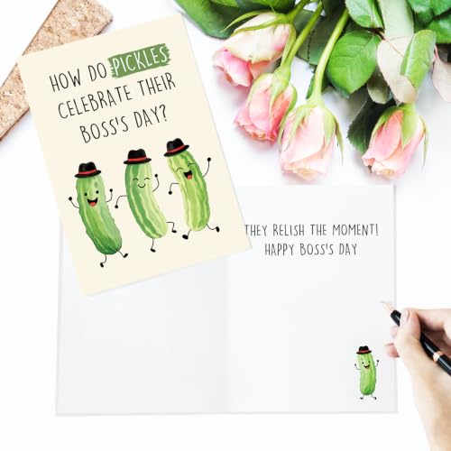 Funny Pickle Pun Boss's Day Card for Boss,Boss's Day Card Gift for Him Her. | Cute Pickle Boss Day Card, Humorous Workplace Joke Card for Boss with Golden Envelope