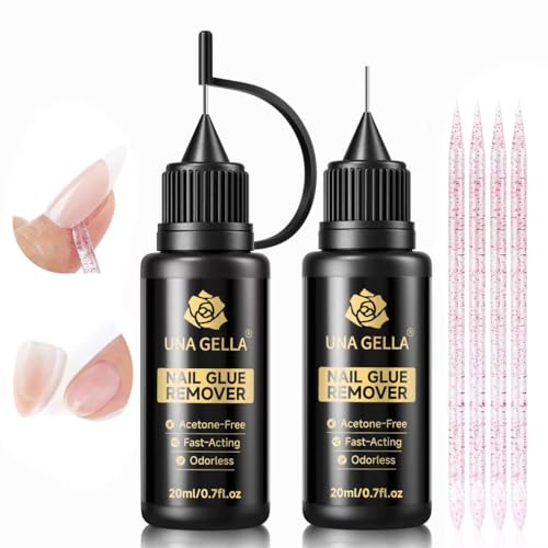 UNA GELLA 20ml*2PCS Nail Glue Remover for Press on, Multi-Functional Pinpoint Glue Remover Fast Removal Gentle Non-Acetone with Crystal Sticks for Nails Polish False Acrylic Nail Tips Home DIY